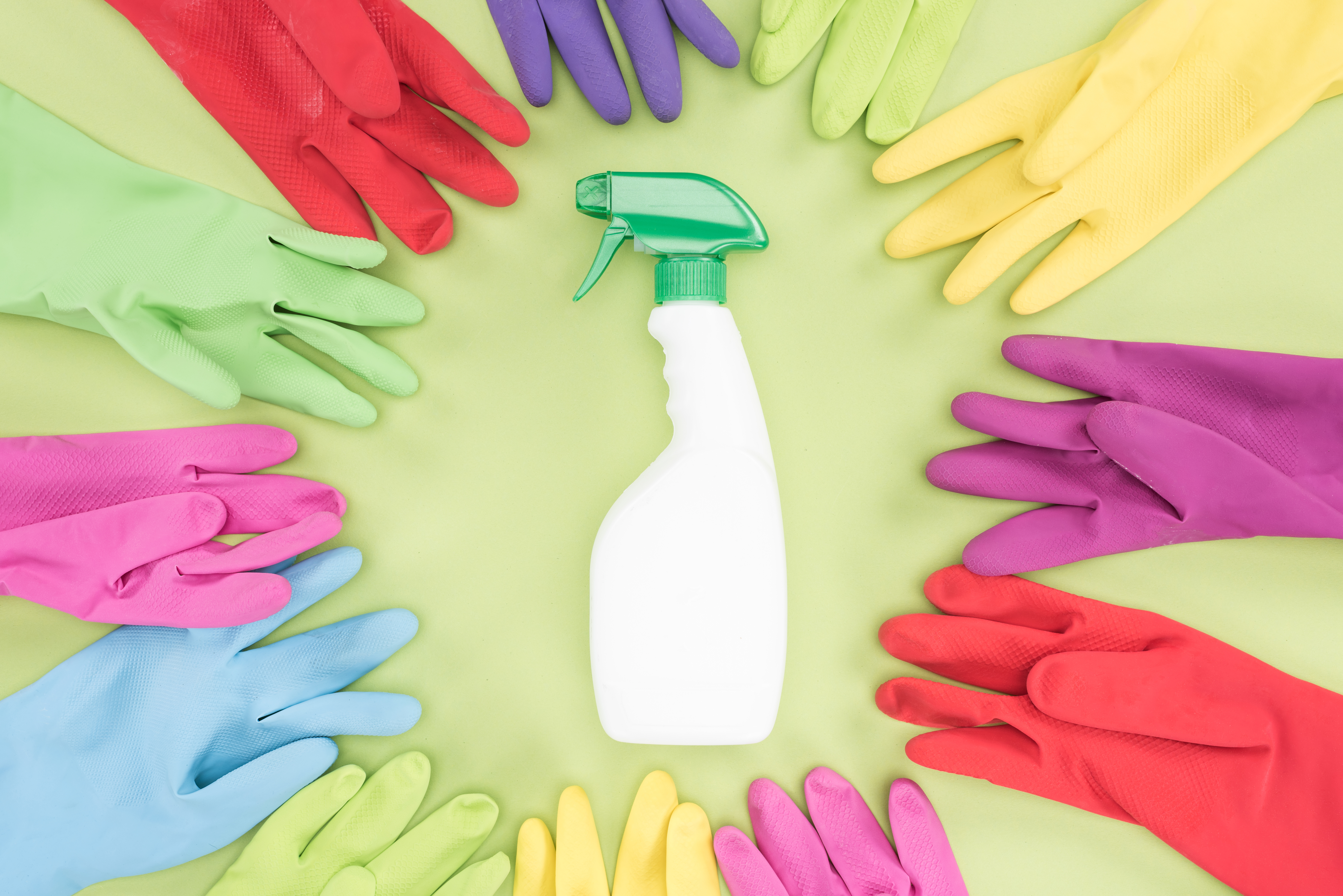 Colorful gloves and spray bottle
